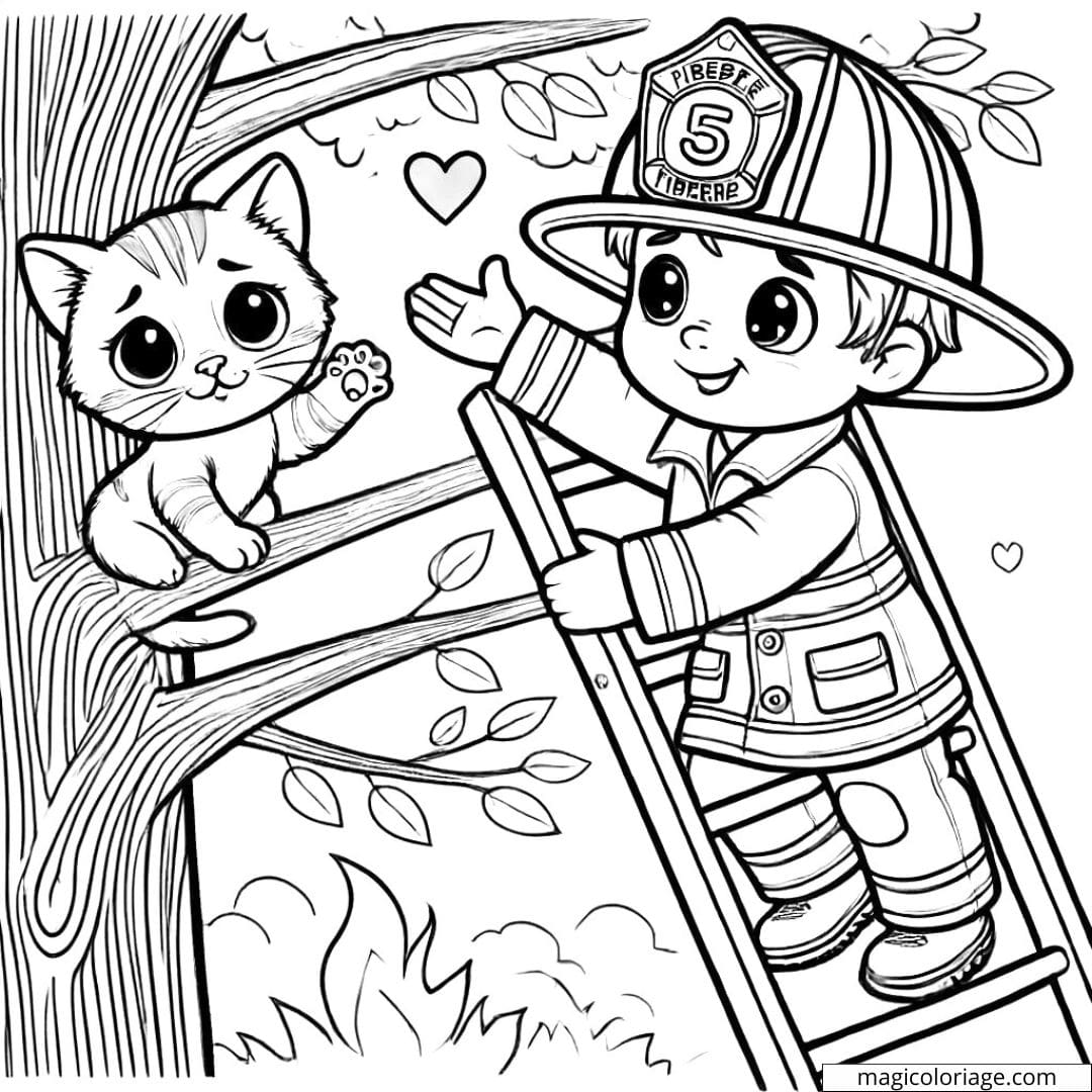 Coloriage pompier sauve un chaton coincé sur un arbre, facile et amusant pour les enfants.