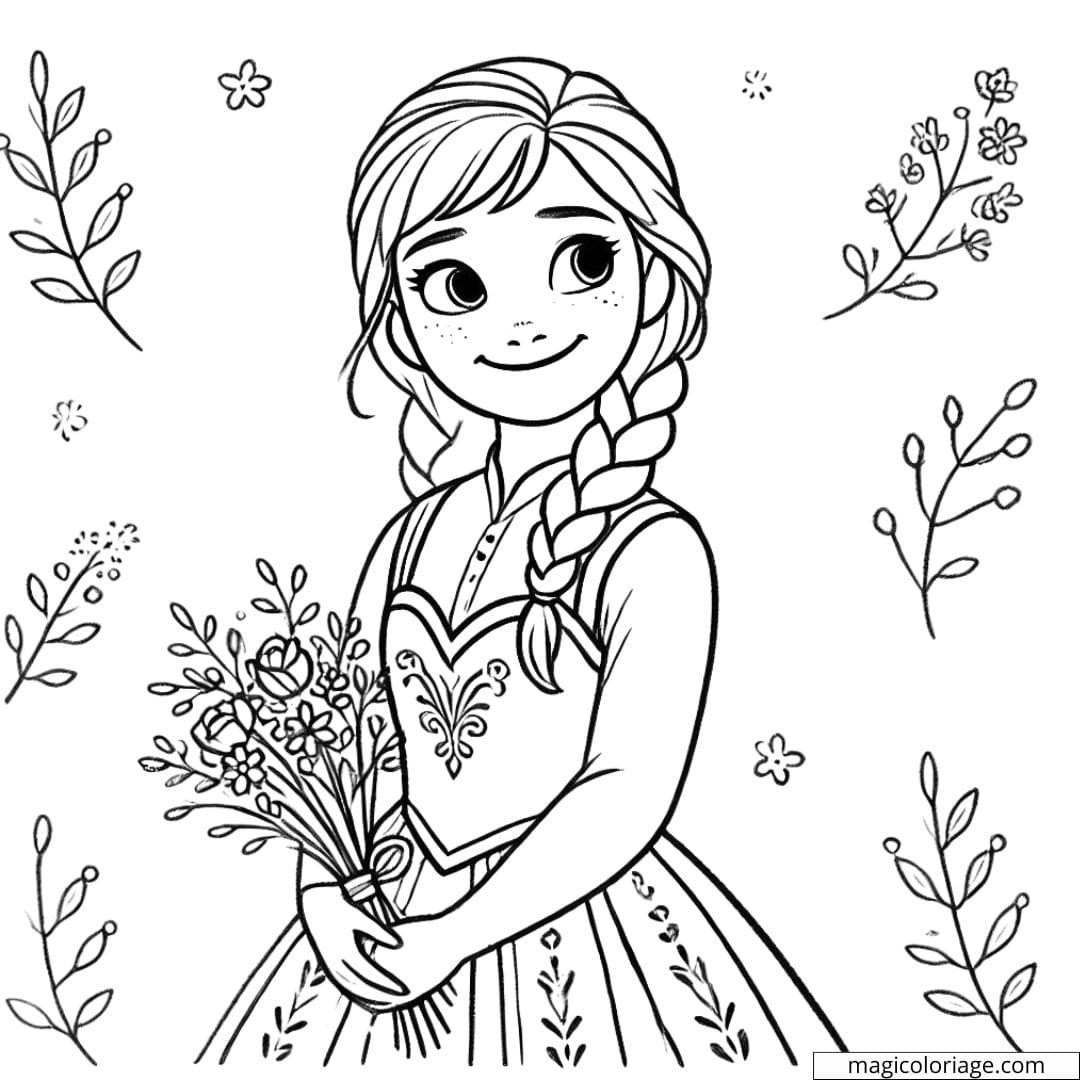 Coloriage Anna d'Arendelle avec des fleurs, dessin à colorier Anna à imprimer