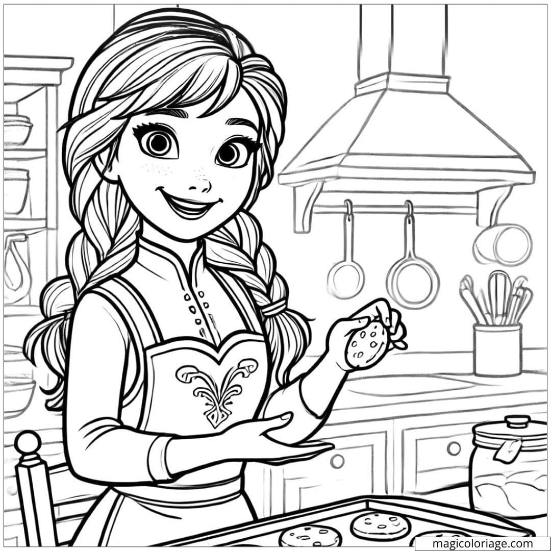 Coloriage Anna de la reine des neiges cuisinant, dessin à colorier Anna à imprimer