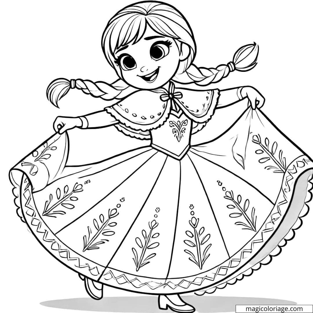 Dessin à colorier d'Anna, la princesse de La Reine des Neiges, dansant joyeusement dans sa robe d'hiver
