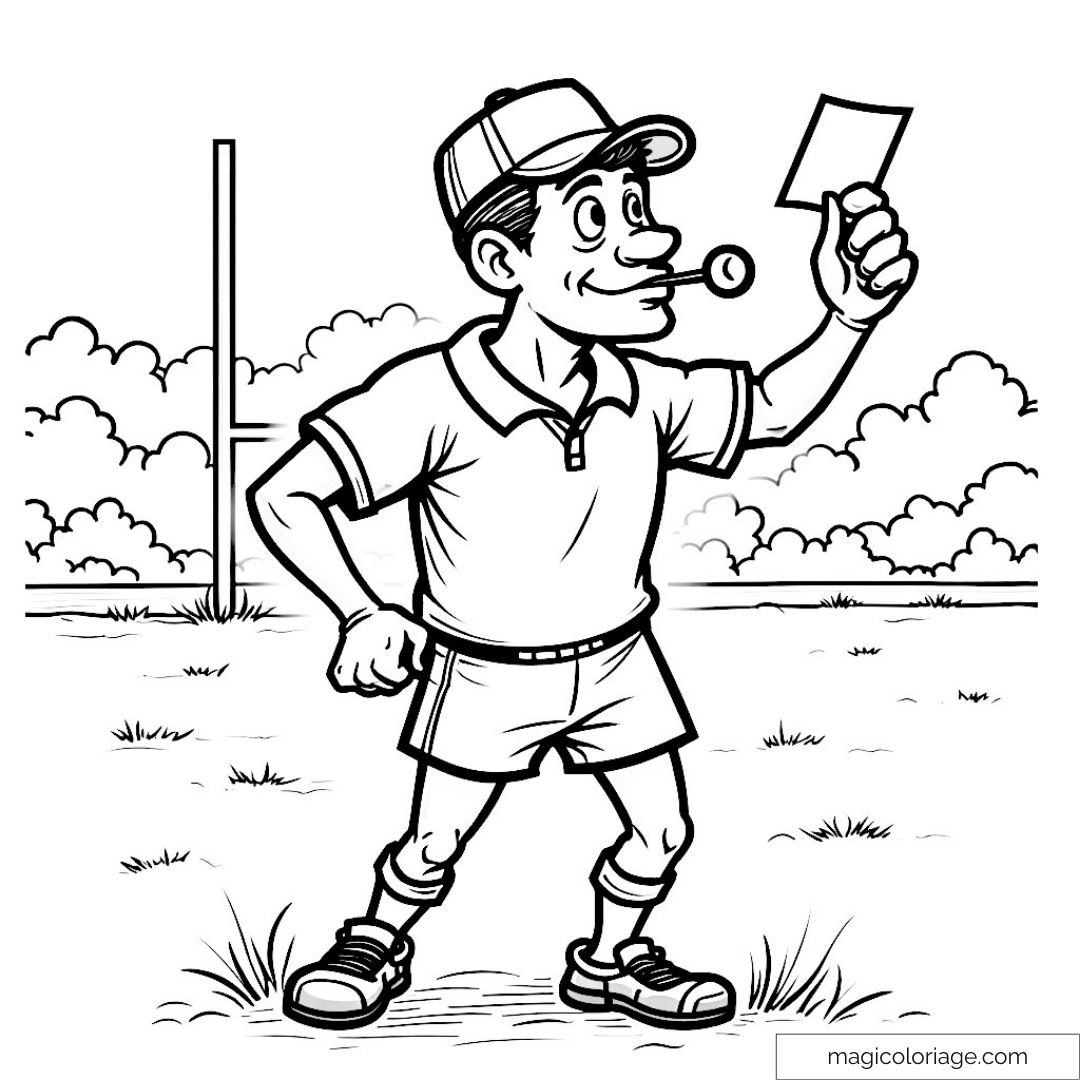 Arbitre de rugby dessin en noir et blanc avec un carton rouge