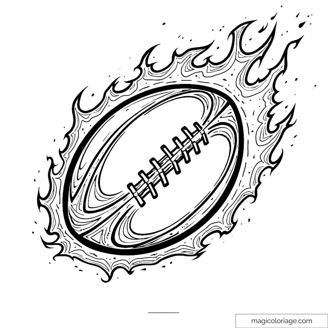 Dessin de ballon de rugby entouré de flammes à colorier.