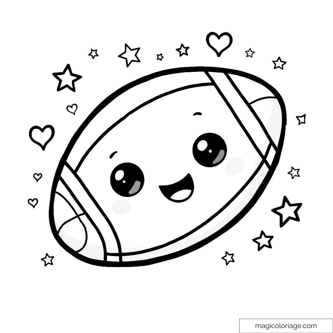 Dessin de ballon de rugby mignon entouré d'étoiles et de cœurs