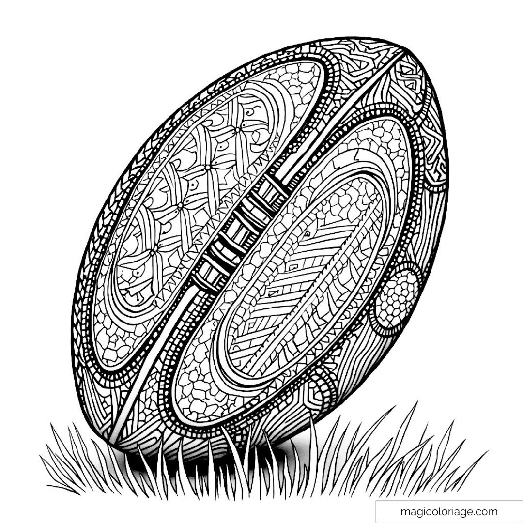 Dessin de ballon de rugby avec motifs mandalas complexes à colorier.