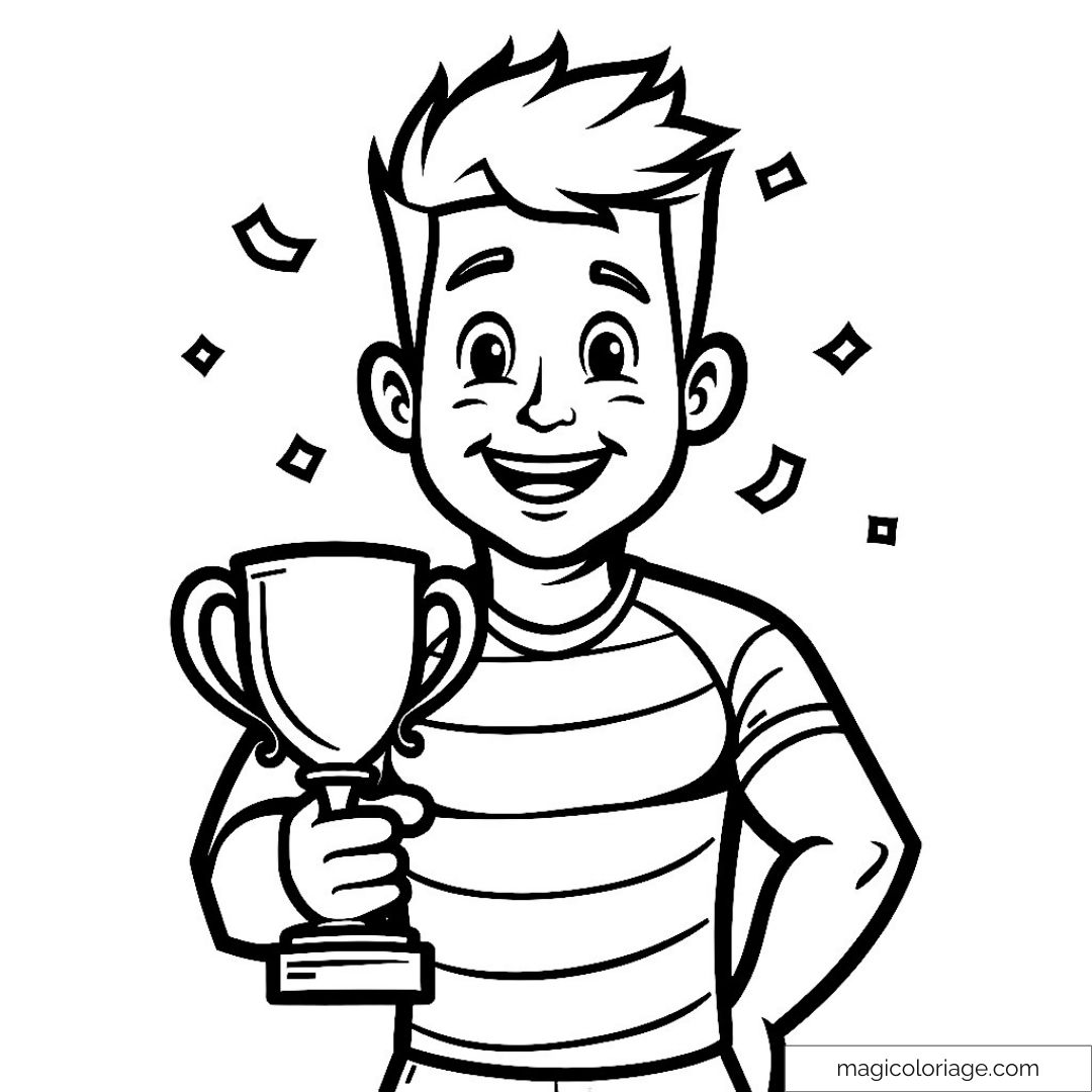 Coloriage d'un garçon tenant un trophée avec des confettis autour