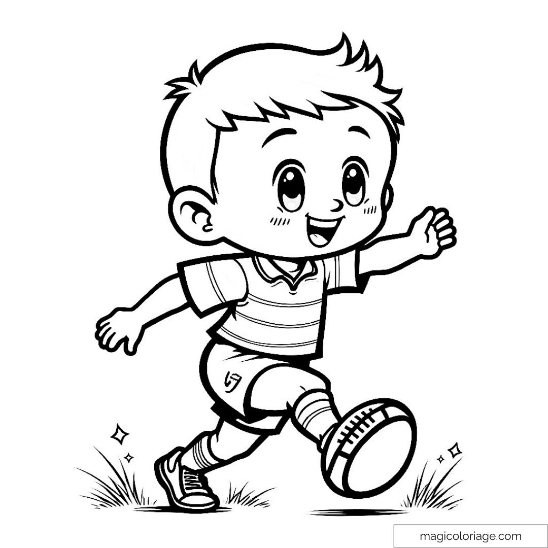 Dessin en noir et blanc d'un enfant jouant au rugby