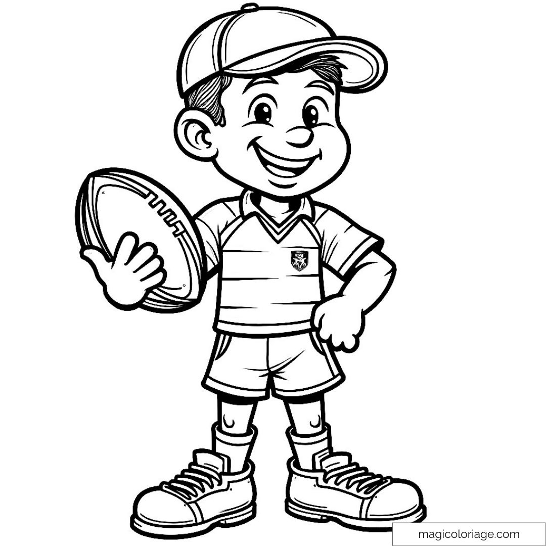 Dessin en noir et blanc d'un garçon avec un ballon de rugby