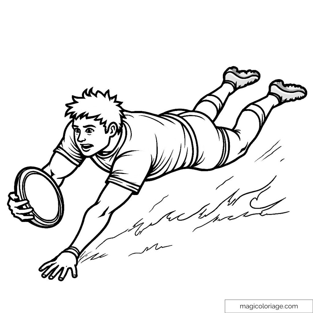 Dessin de joueur de rugby plongeant et attrapant un ballon