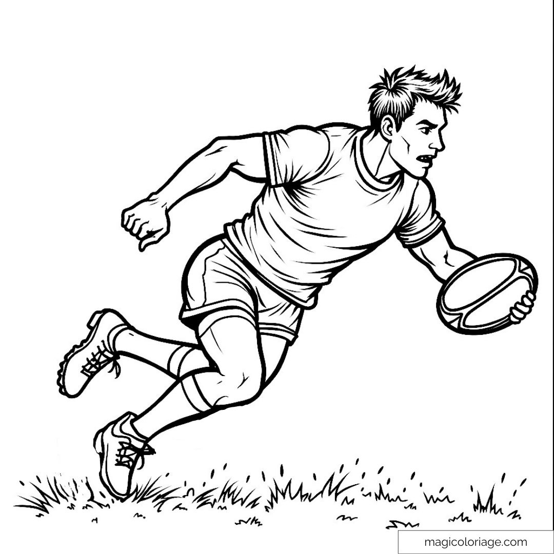 Coloriage joueur de rugby courant avec un ballon ovale sur le terrain