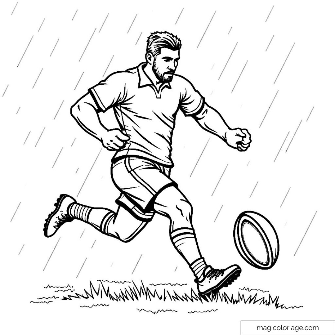 Dessin de joueur de rugby courant sous la pluie