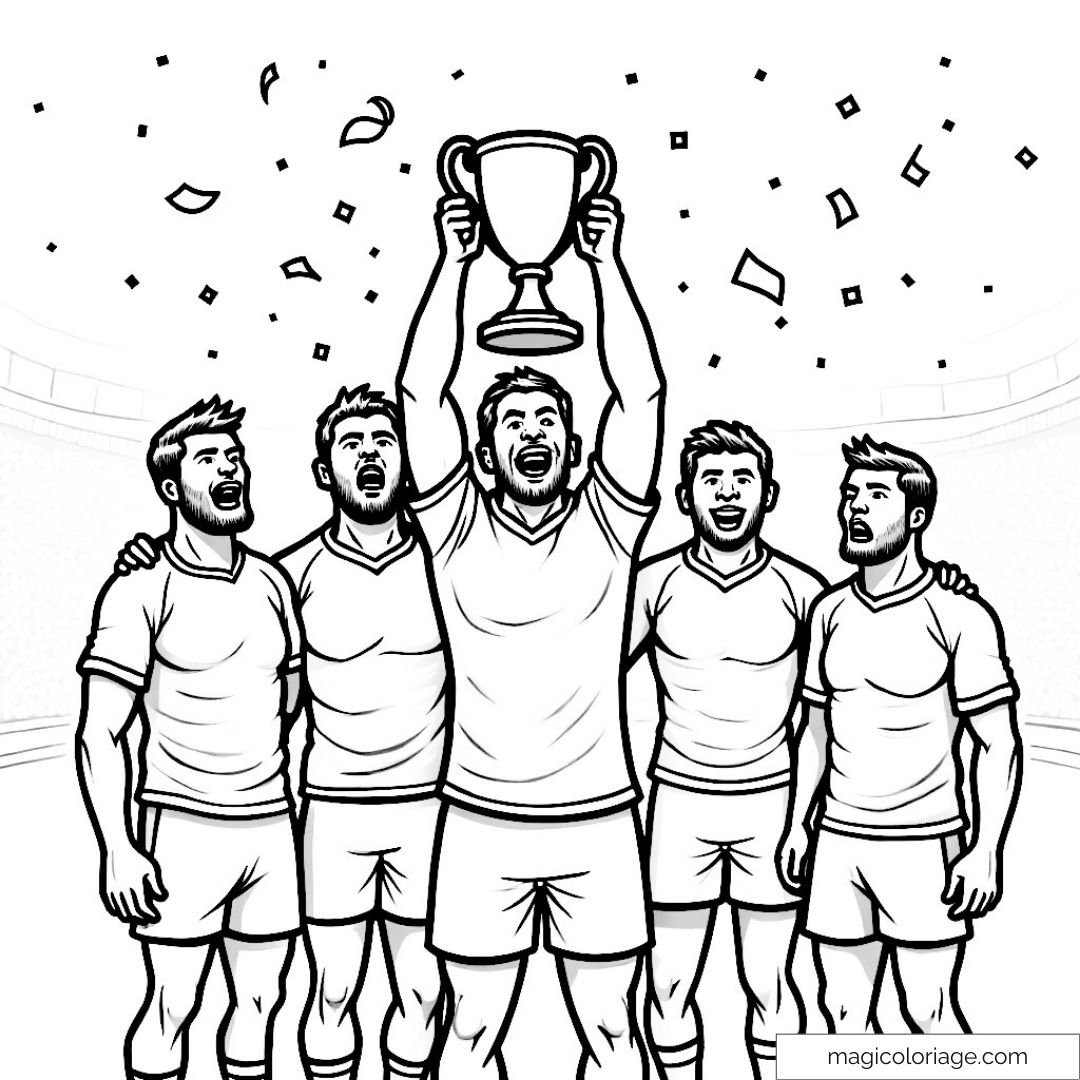 Dessin de joueurs de football soulevant un trophée en célébration