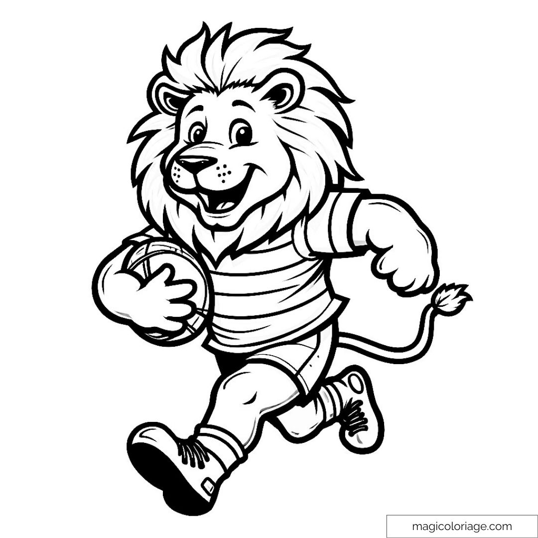 Lion dessin animé jouant au rugby avec ballon en main