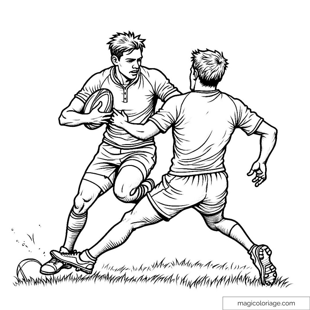 Coloriage de deux joueurs de rugby en plein match dynamique.