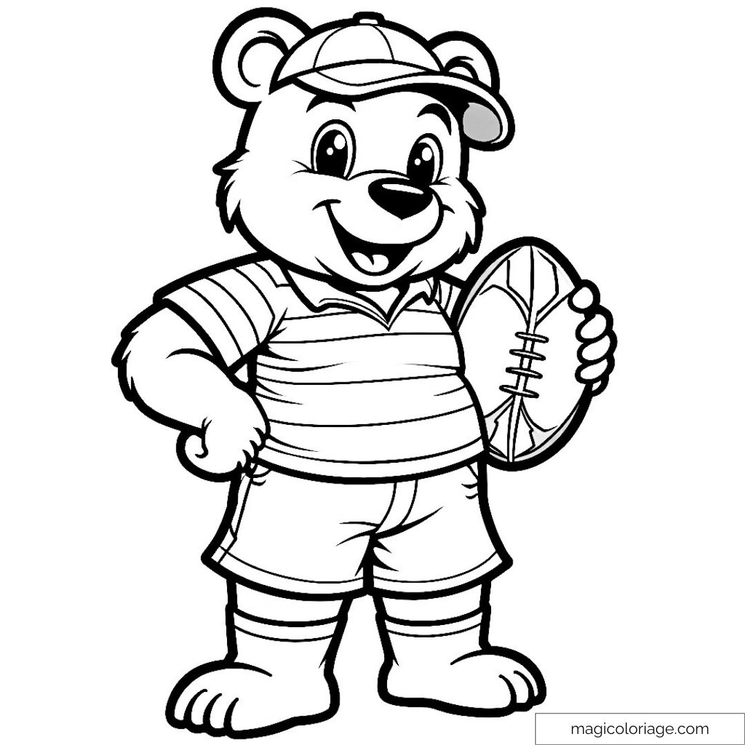 Coloriage d'un ours en tenue de rugby avec ballon