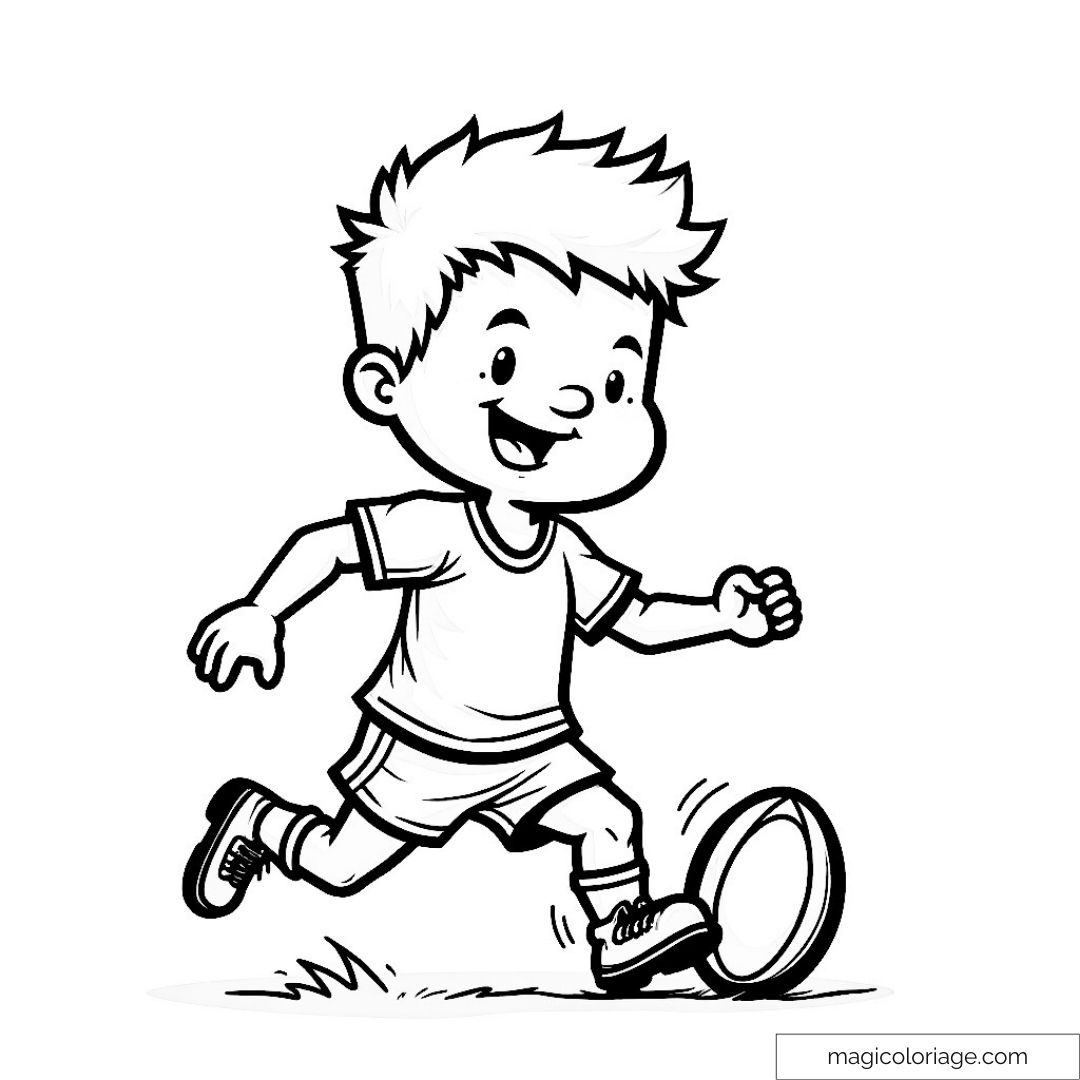 Coloriage enfant jouant au football avec ballon rond.