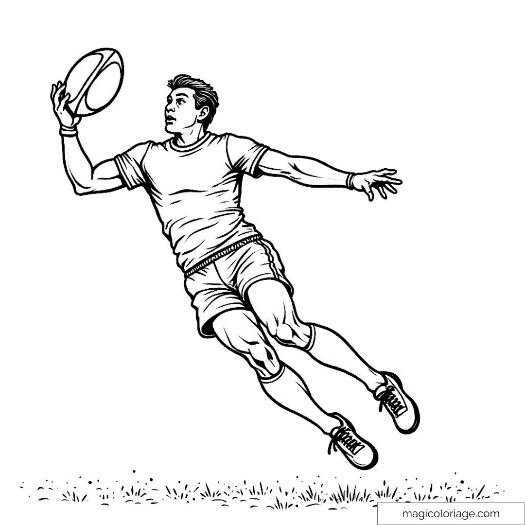 Coloriage joueur de rugby attrapant un ballon en plein saut