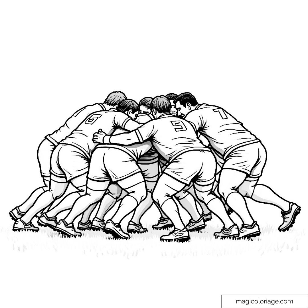 Dessin de joueurs de rugby en mêlée