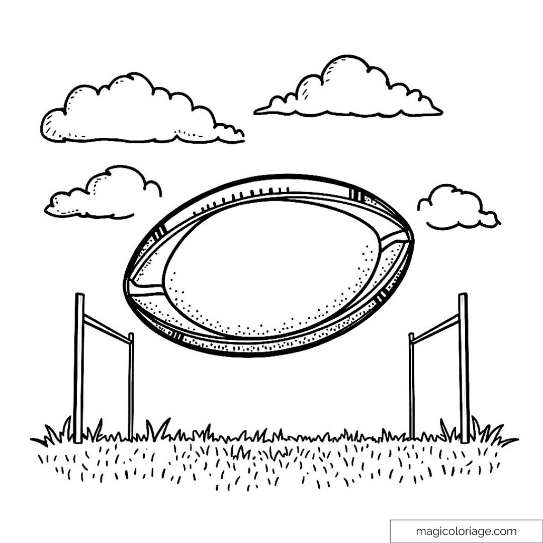Ballon de rugby volant entre des poteaux sous un ciel nuageux