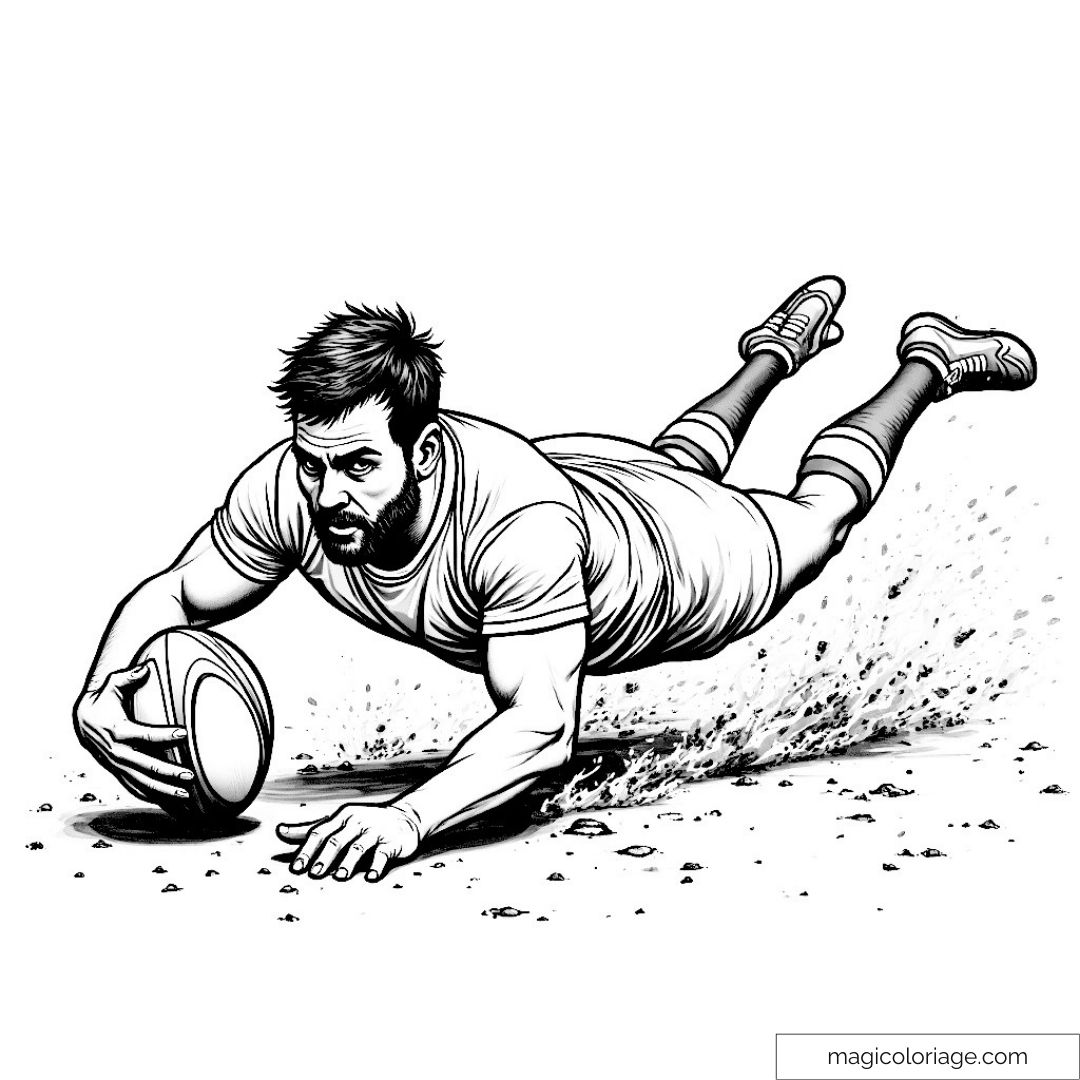Dessin noir et blanc d'un joueur de rugby plongeant avec un ballon.