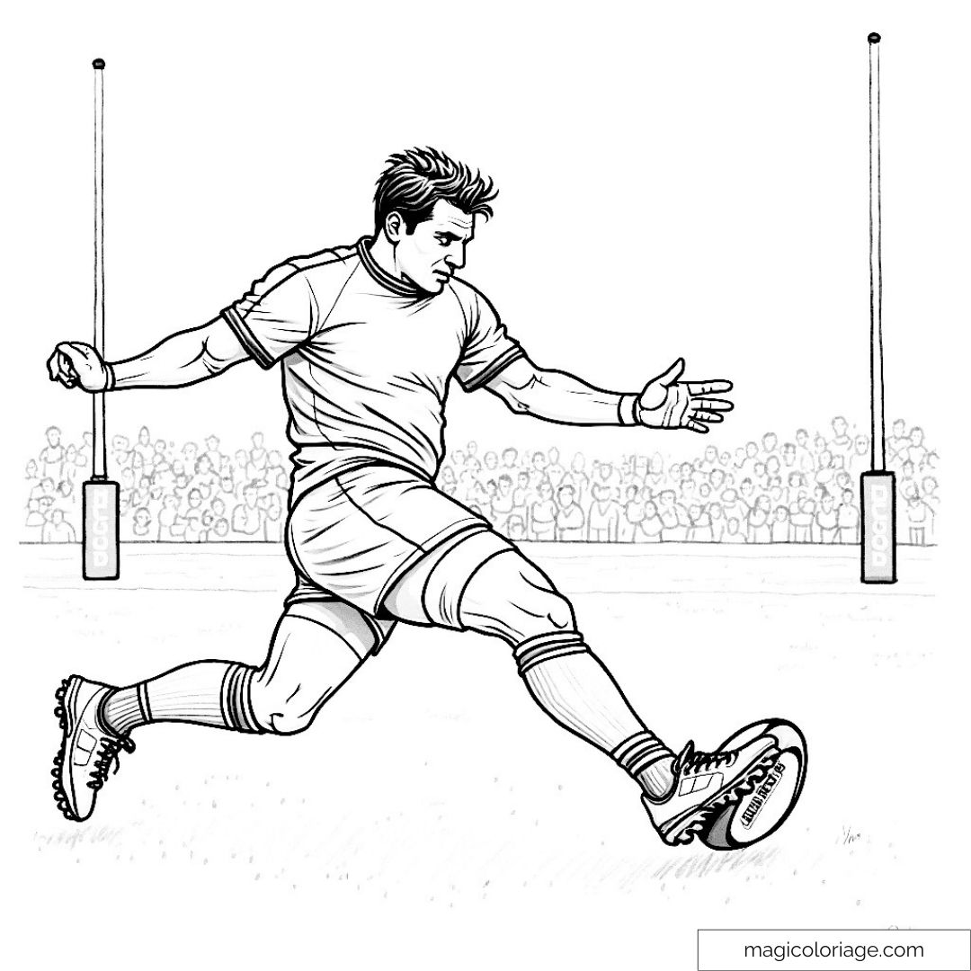 Joueur de rugby prêt à tirer au but devant un public enthousiaste.