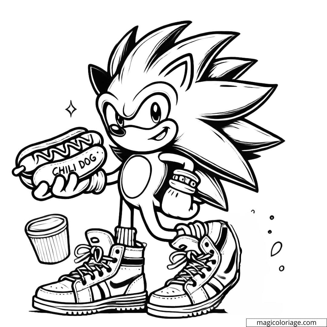 Coloriage Sonic, tenant un chili dog, à imprimer et colorier.