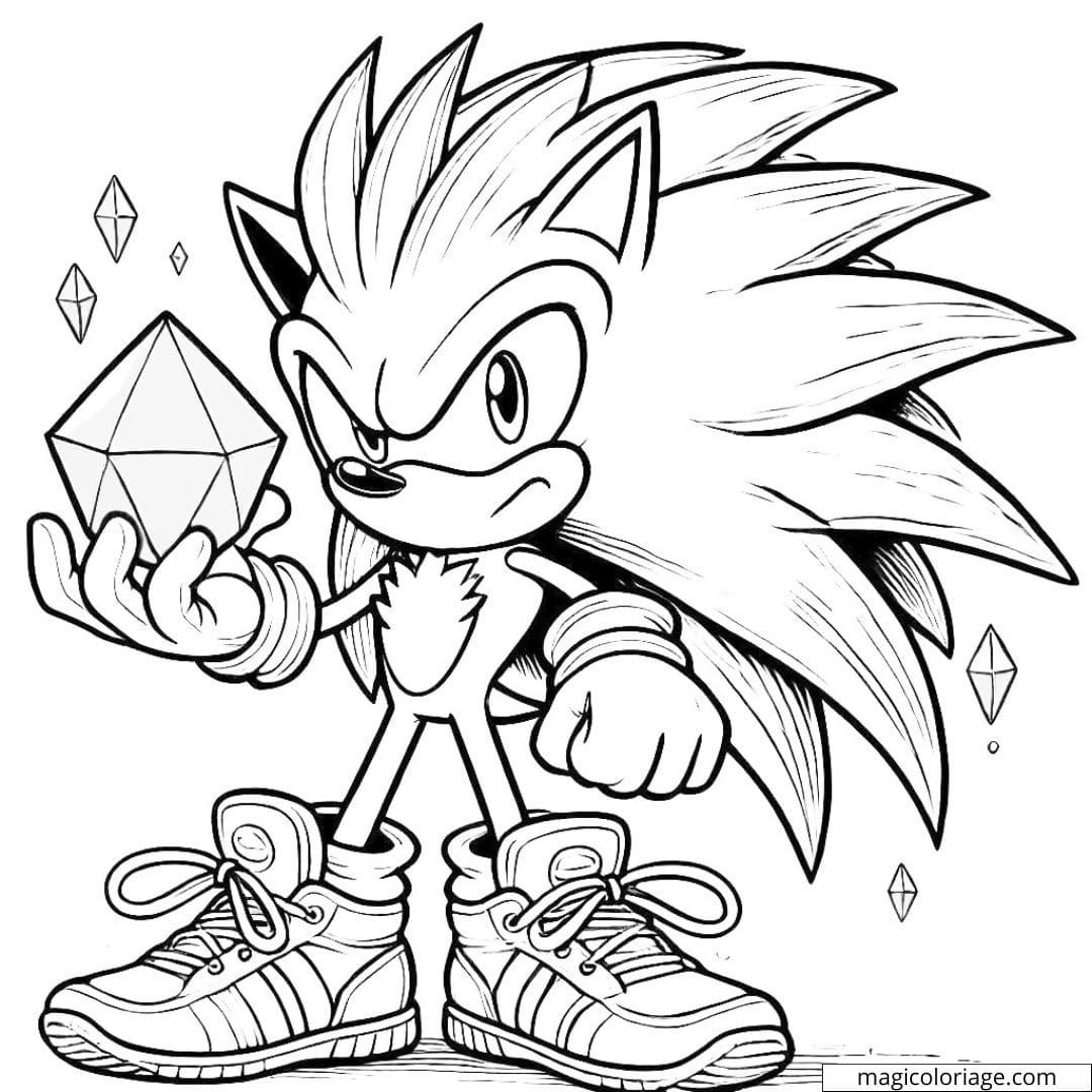 Coloriage Sonic, tenant une Chaos Emerald, à imprimer et colorier.