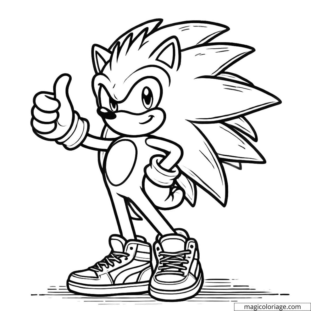 Coloriage Sonic, debout avec un pouce levé, à imprimer et colorier.