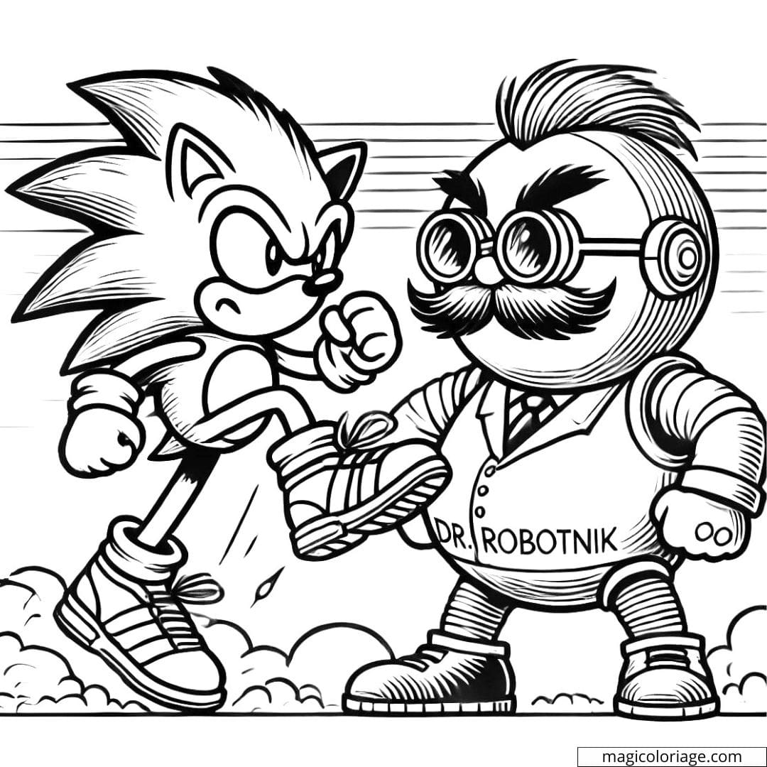 Dessin à colorier de Sonic combattant Dr. Robotnik, à imprimer et colorier.