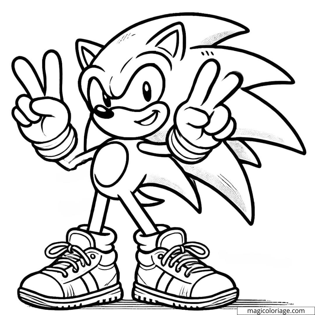 Dessin à colorier de Sonic faisant un signe de paix, à imprimer.