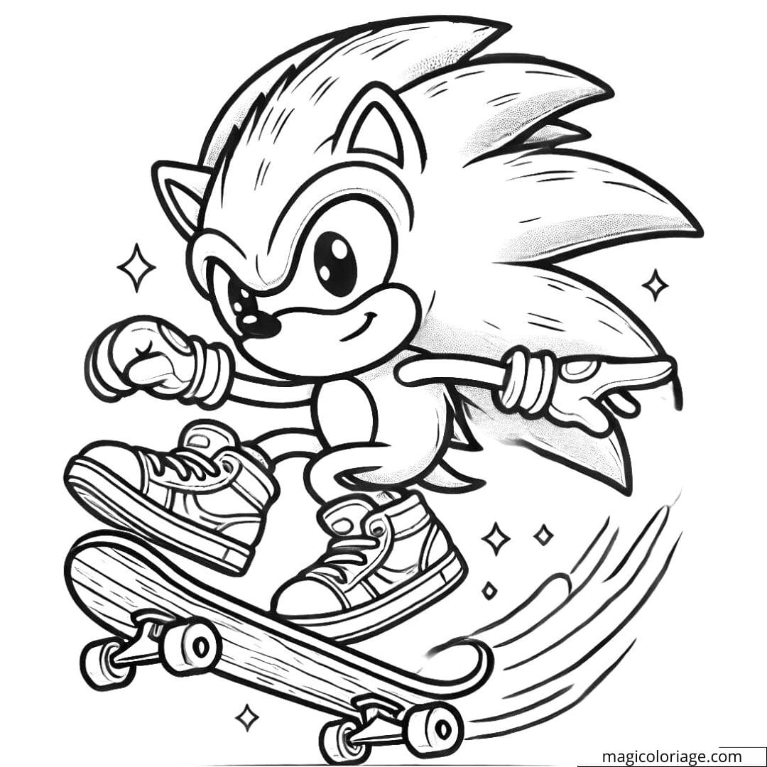 Coloriage Sonic, en skateboard et faisant une figure, à imprimer et colorier.