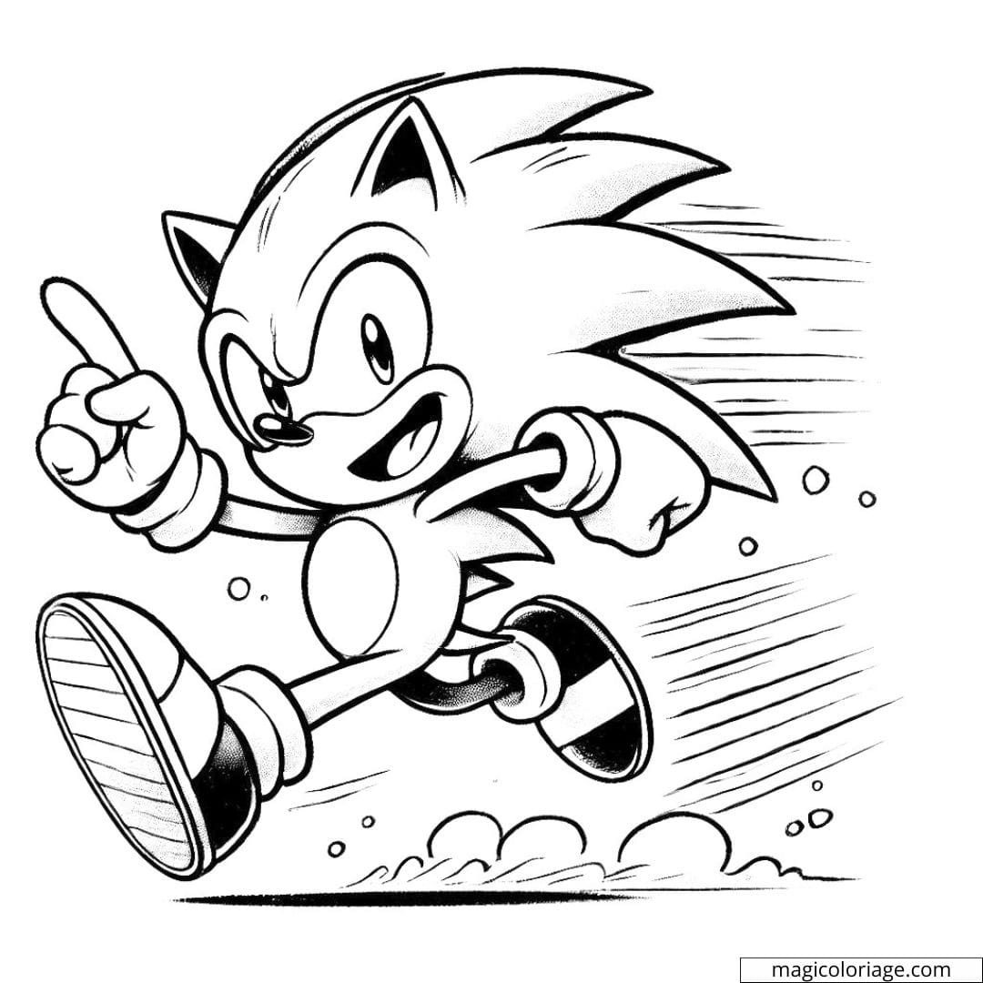Coloriage de Sonic le hérisson courant à toute vitesse avec un grand sourire