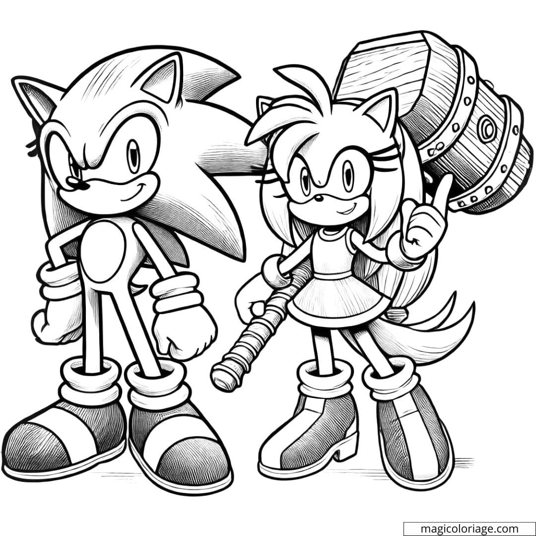 Coloriage de Sonic et Amy debout ensemble, Amy tenant un grand marteau