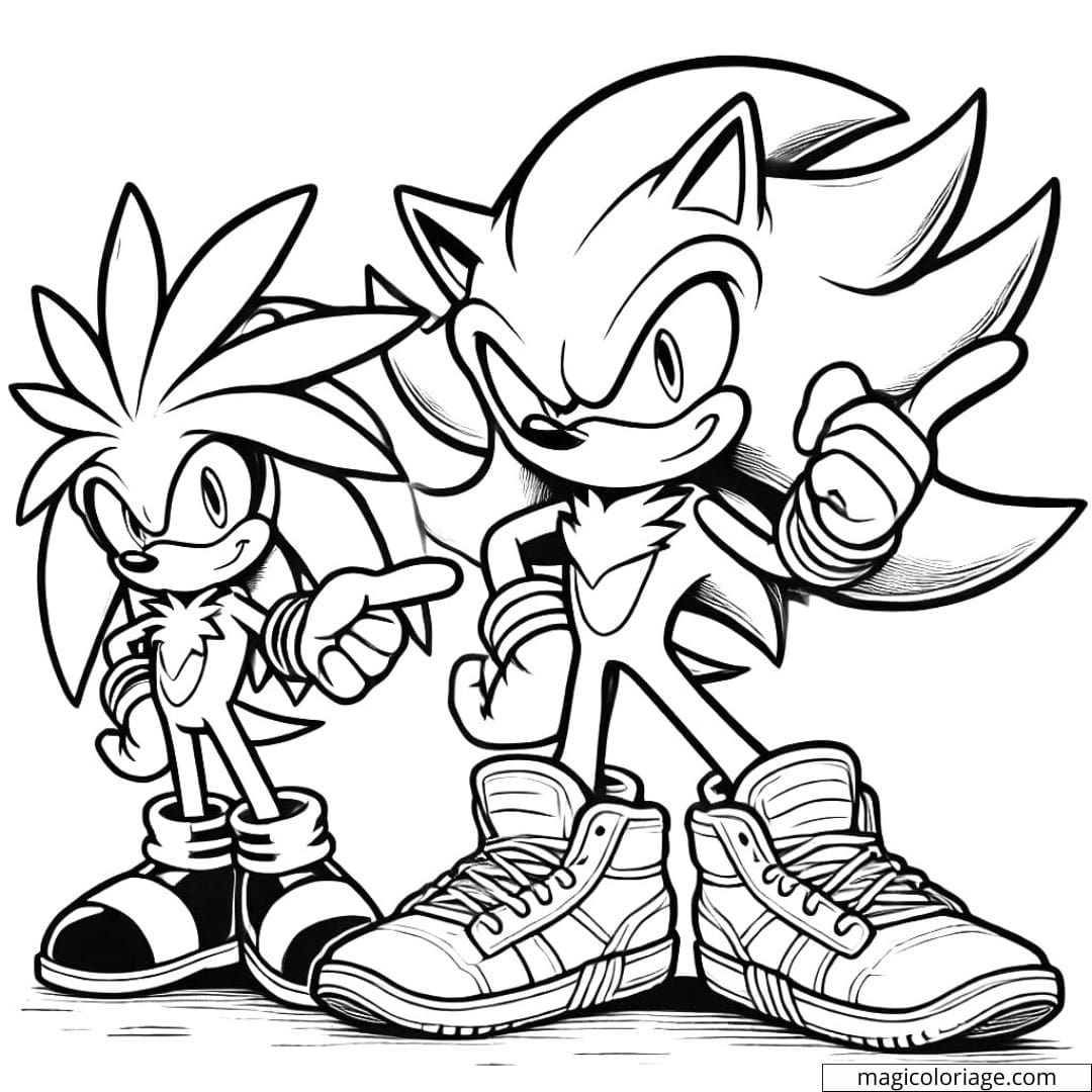 Coloriage Sonic et Silver le Hérisson, se tenant côte à côte, à imprimer et colorier.