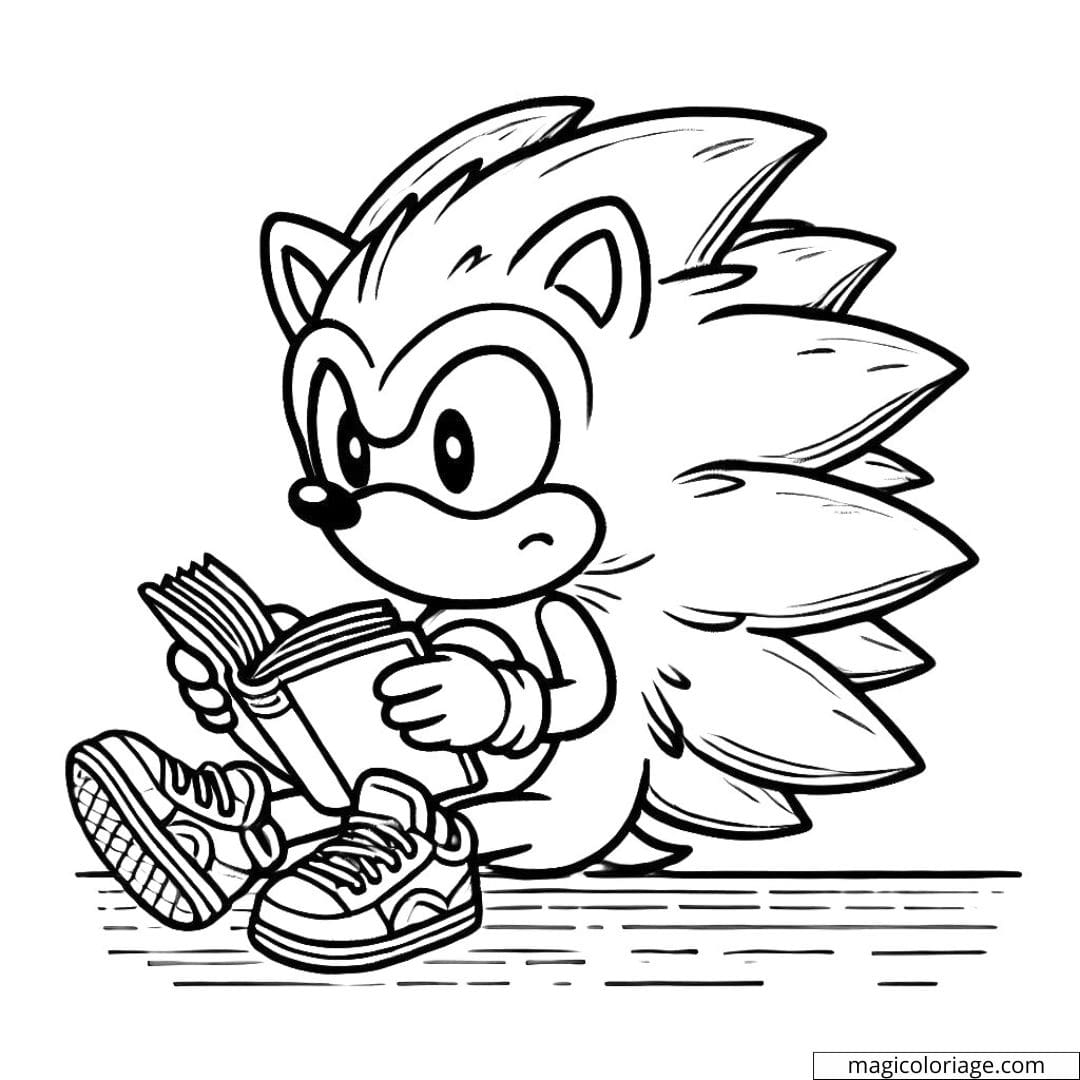 Dessin à colorier de Sonic lisant un livre, à imprimer et colorier.
