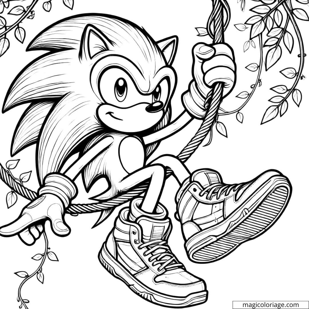 Coloriage Sonic, balançant sur une liane, à imprimer et colorier.