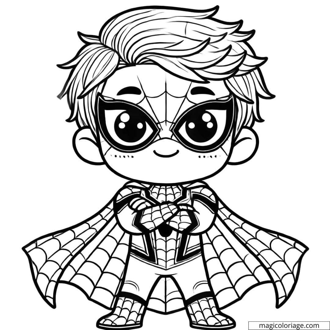 Dessin mignon de Spider-Man style chibi, adapté pour les enfants en maternelle, à colorier avec des traits simples et des grands yeux expressifs.