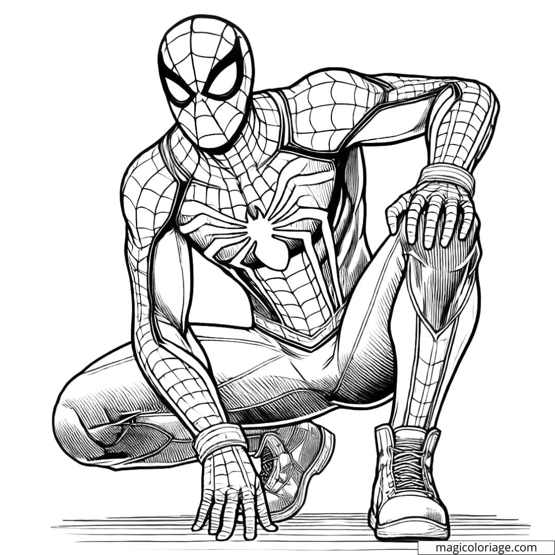 Dessin de Spider-Man accroupi prêt à bondir, avec son costume emblématique à colorier, idéal pour les enfants et les fans du super-héros.