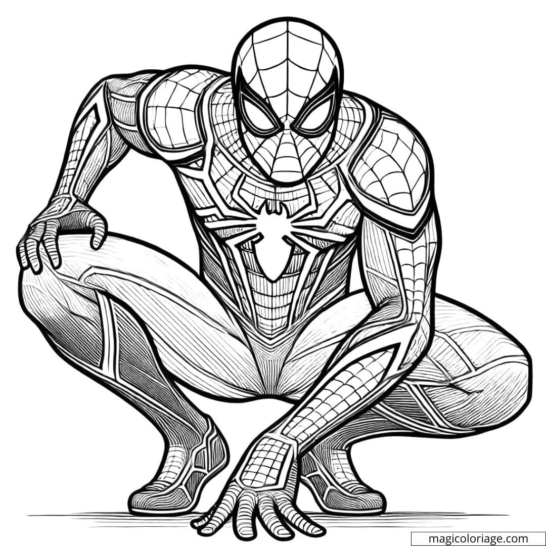 Coloriage Spiderman accroupi, prêt à bondir