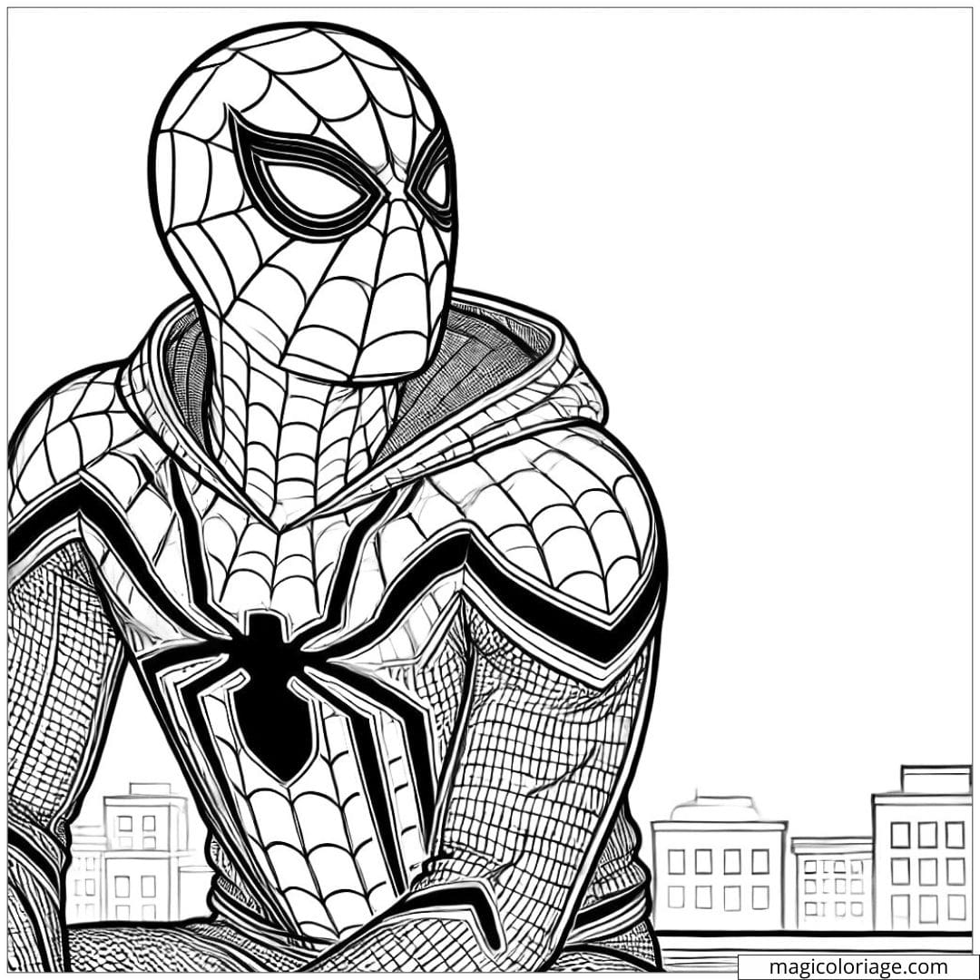 Coloriage Spiderman assis sur un toit, regardant au loin