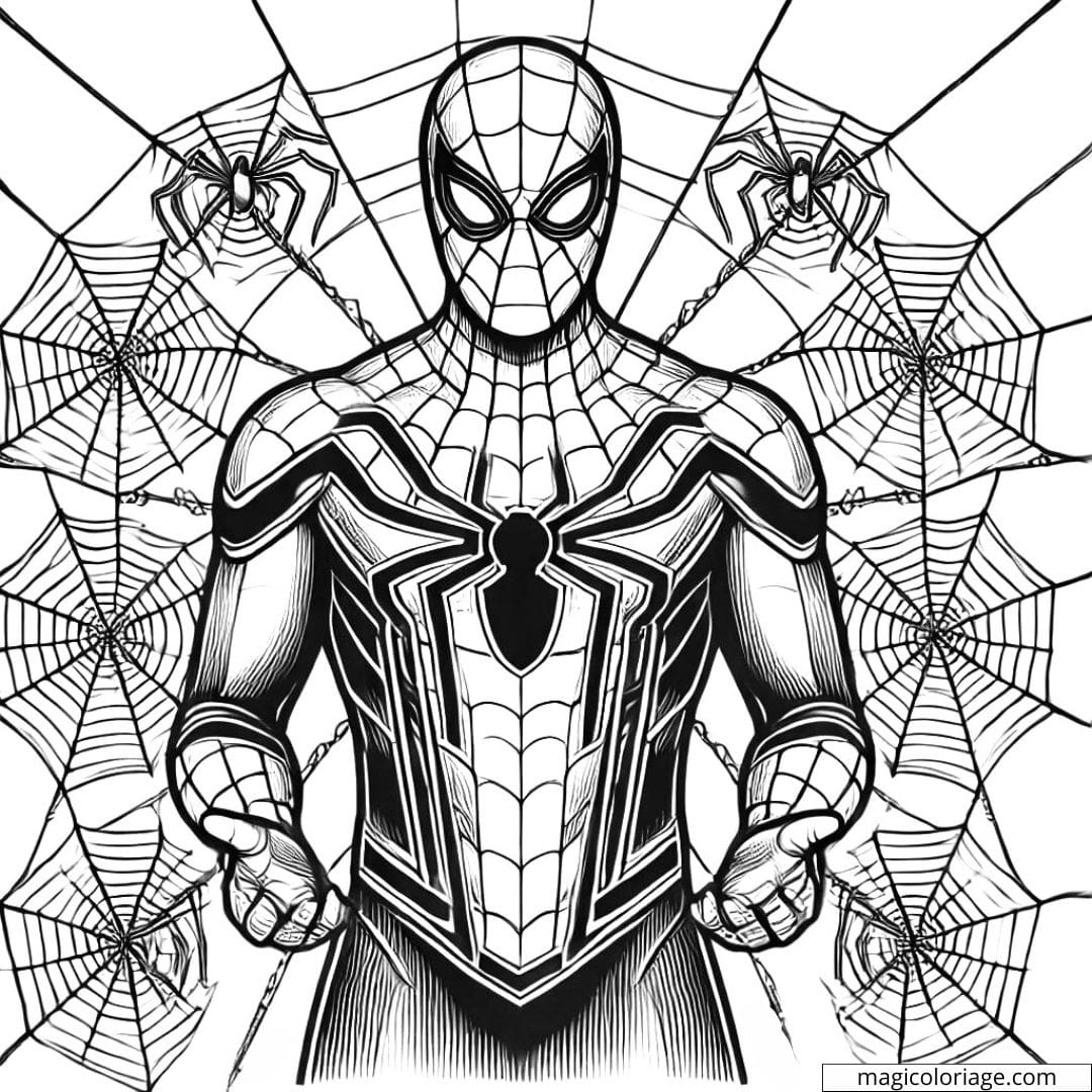 Coloriage Spiderman entouré de pièges de toile