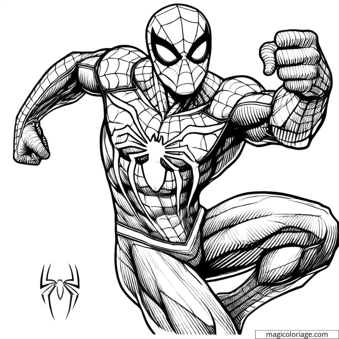Spiderman avec pose musclée, dessin à colorier.