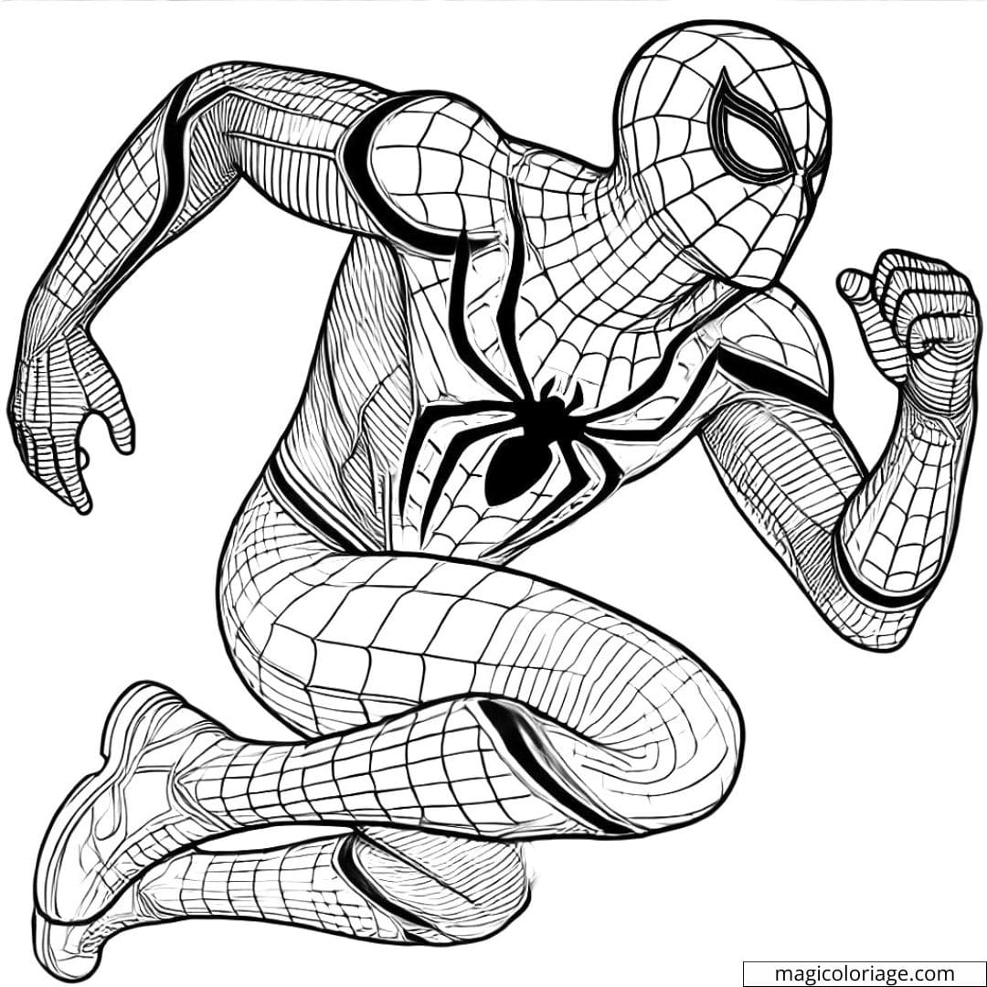 Coloriage Spiderman courant à grande vitesse, montrant agilité et puissance