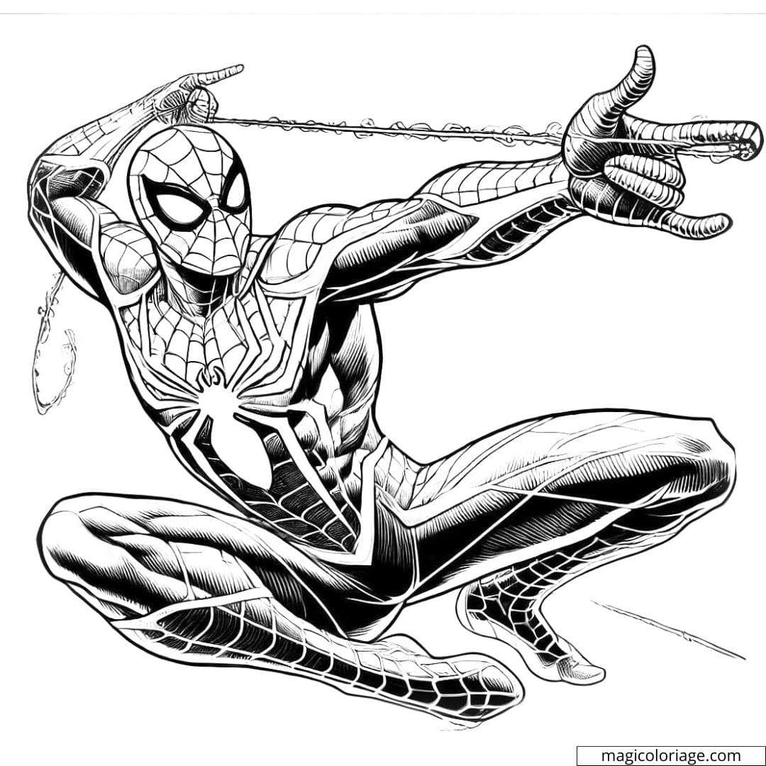 Coloriage Spiderman en action, tirant des toiles