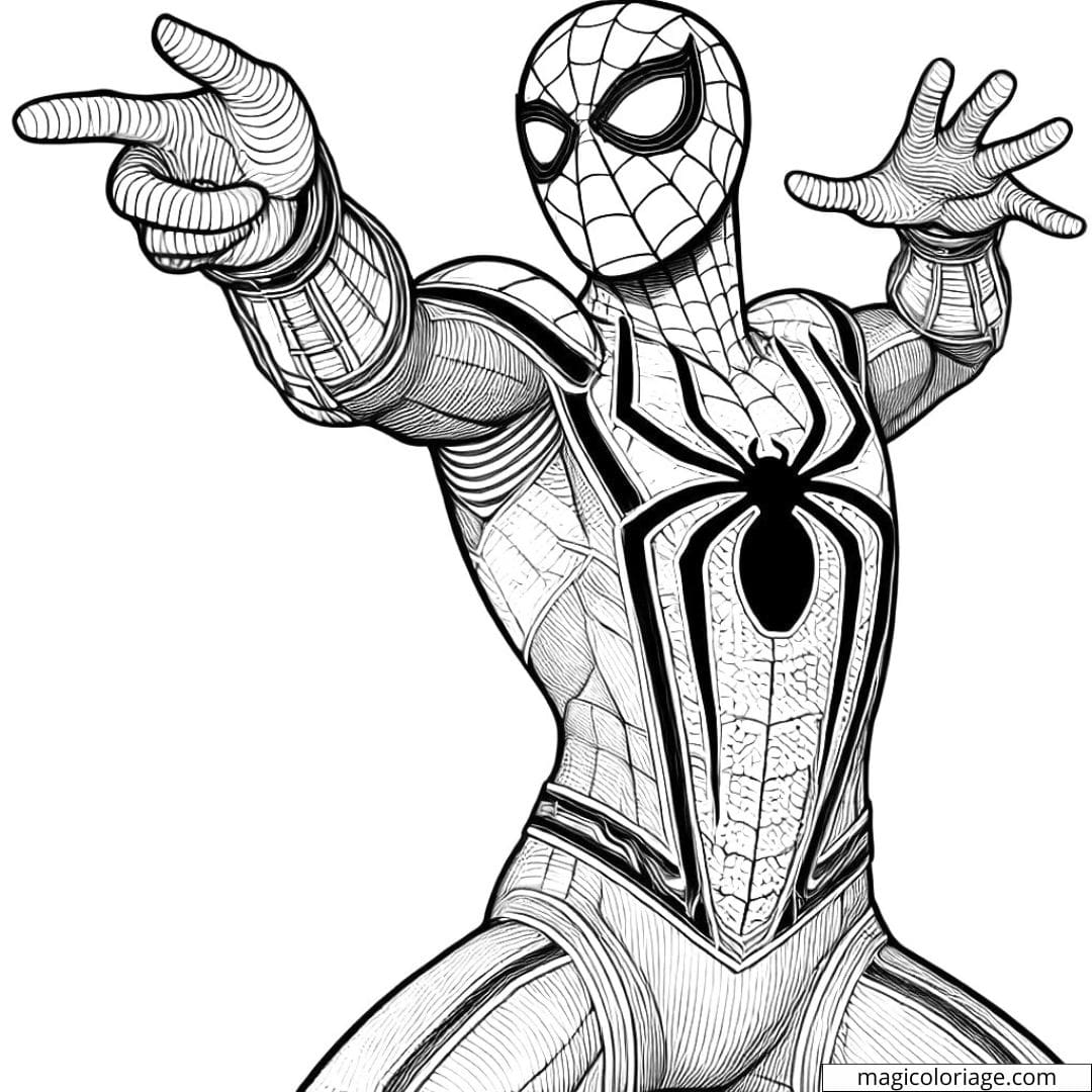 Coloriage Spiderman en pose dramatique, tirant des toiles