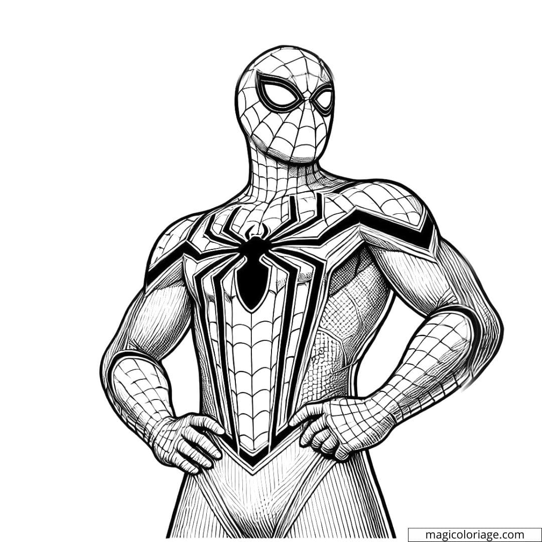Coloriage Spiderman en pose puissante, mains sur les hanches