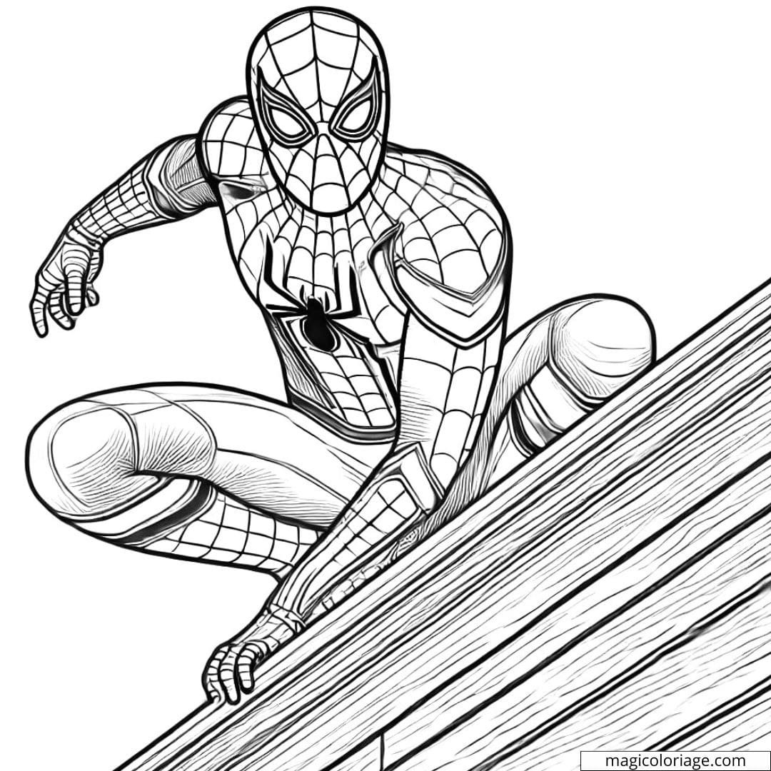 Coloriage Spiderman perché sur un bâtiment, prêt à l'action