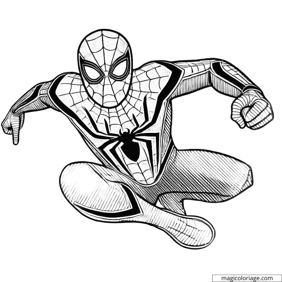 Coloriage Spiderman sautant d'un bâtiment, montrant du courage