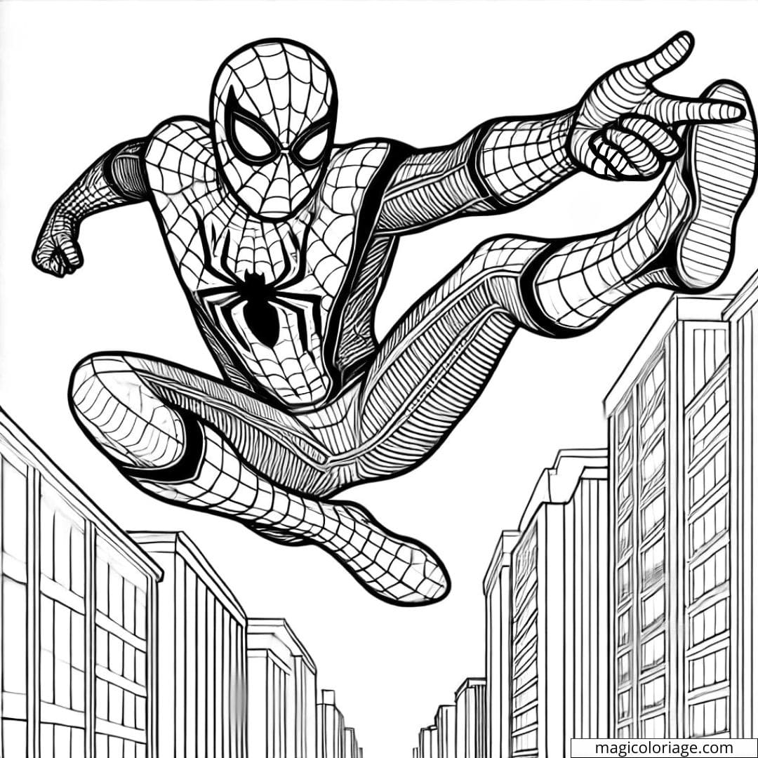 Coloriage Spiderman se balançant entre les bâtiments, en pose dynamique
