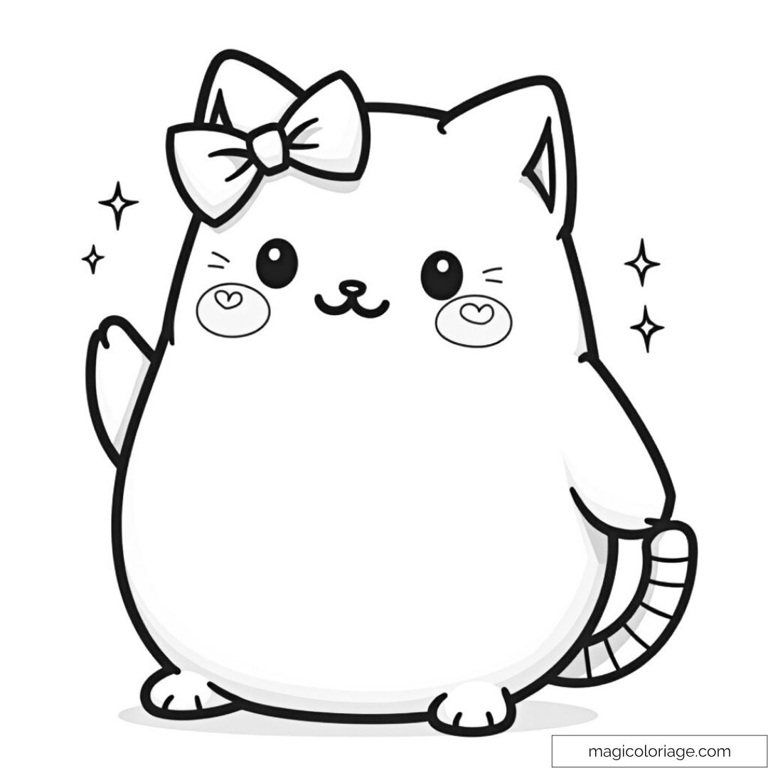 Squishmallow chaton kawaii avec nœud et étoiles à colorier.