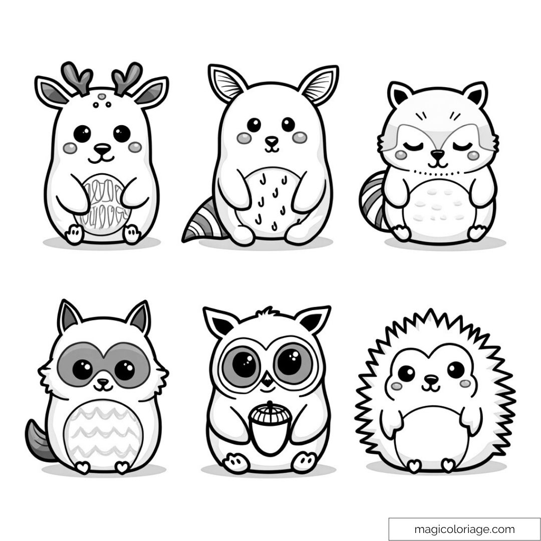 Dessin noir et blanc de squishmallows mignons à colorier.